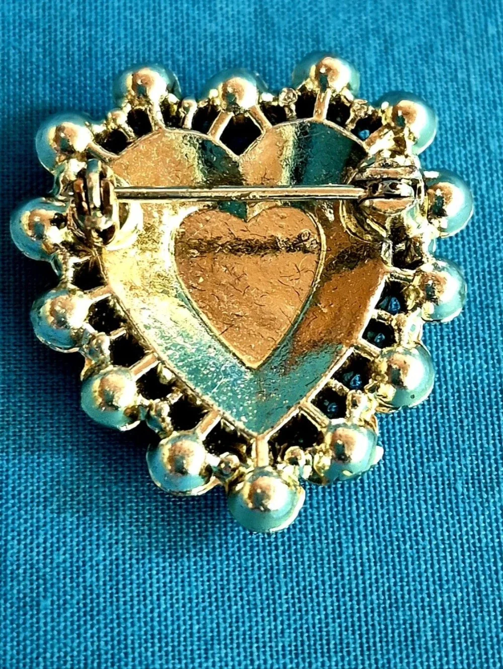 Coro Heart Hand Painted Rose Brooch Pink Rhinestones White Guilloche Enamel Vtg